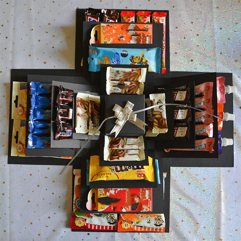 5-Story Surprise Explosion Gift Box with Ribbon, Multi-Pocket Snack & Candy Storage, Perfect for Birthdays, Festivals, Holidays