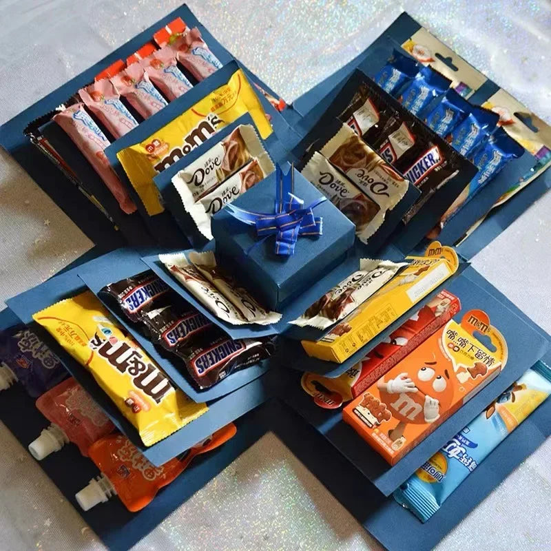 5-Story Surprise Explosion Gift Box with Ribbon, Multi-Pocket Snack & Candy Storage, Perfect for Birthdays, Festivals, Holidays