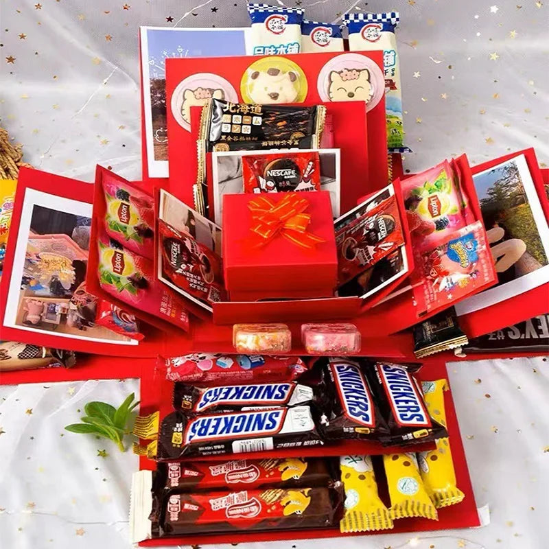 5-Story Surprise Explosion Gift Box with Ribbon, Multi-Pocket Snack & Candy Storage, Perfect for Birthdays, Festivals, Holidays