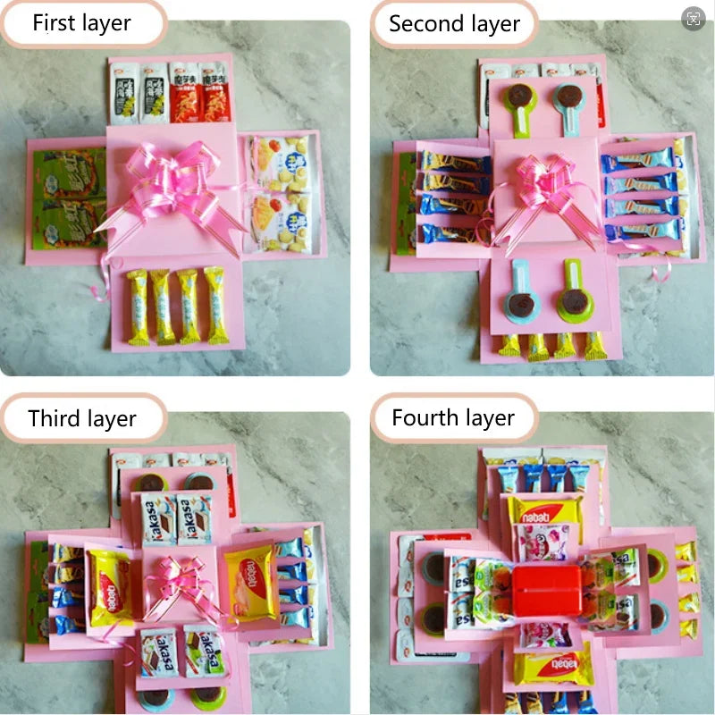 5-Story Surprise Explosion Gift Box with Ribbon, Multi-Pocket Snack & Candy Storage, Perfect for Birthdays, Festivals, Holidays