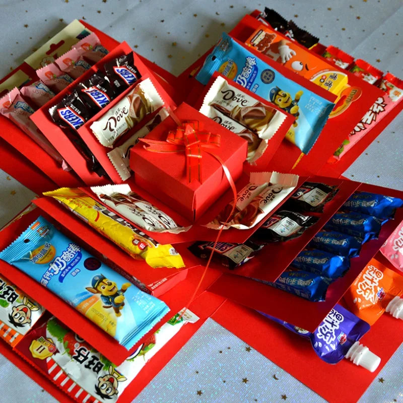 5-Story Surprise Explosion Gift Box with Ribbon, Multi-Pocket Snack & Candy Storage, Perfect for Birthdays, Festivals, Holidays