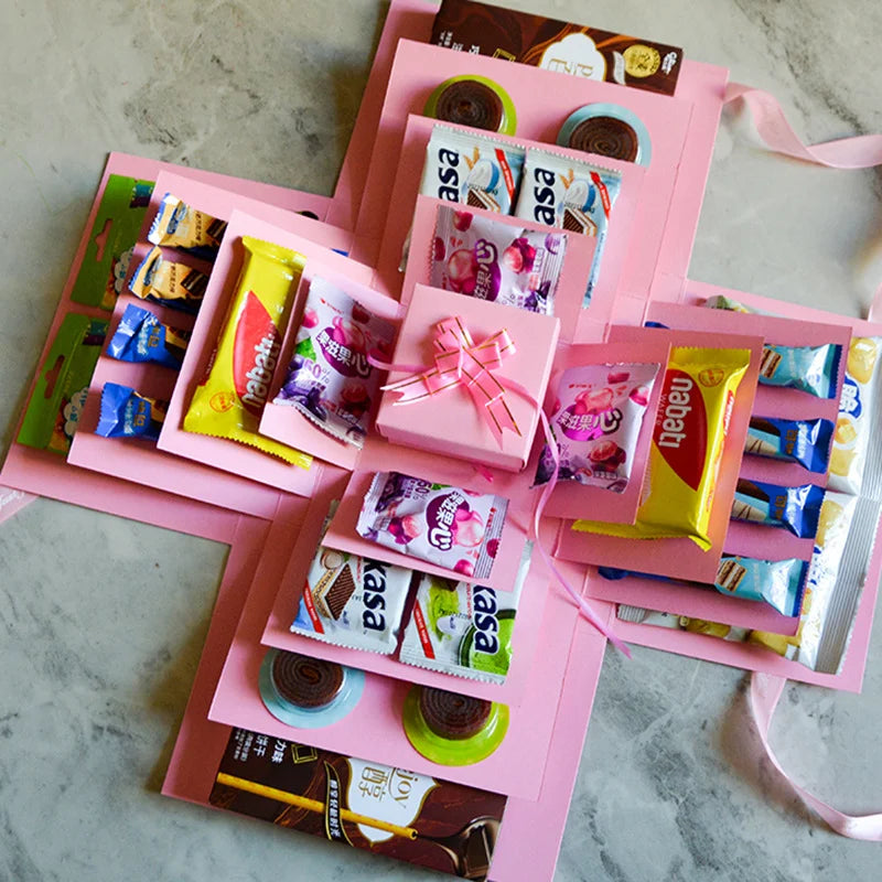 5-Story Surprise Explosion Gift Box with Ribbon, Multi-Pocket Snack & Candy Storage, Perfect for Birthdays, Festivals, Holidays