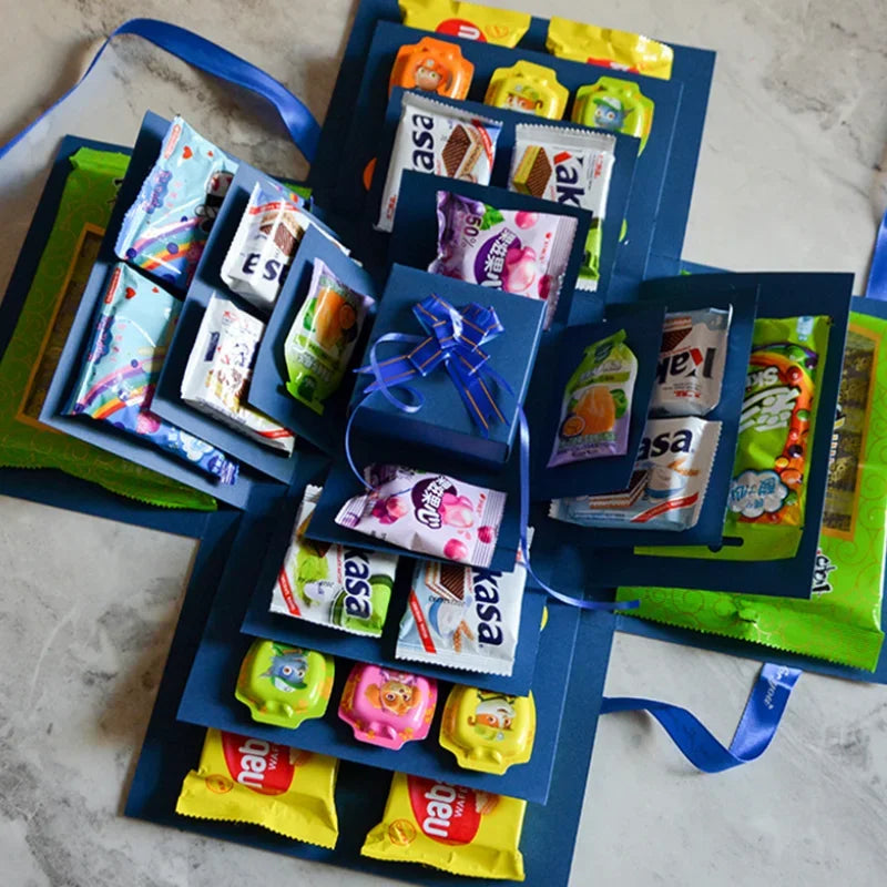 5-Story Surprise Explosion Gift Box with Ribbon, Multi-Pocket Snack & Candy Storage, Perfect for Birthdays, Festivals, Holidays