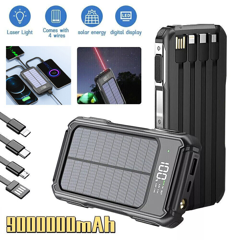 Solar Power Bank 20000mAh – 4 USB Backup External Battery Charger with Built-in Cables – High-Speed Portable Solar Charger for Cell Phones Devices
