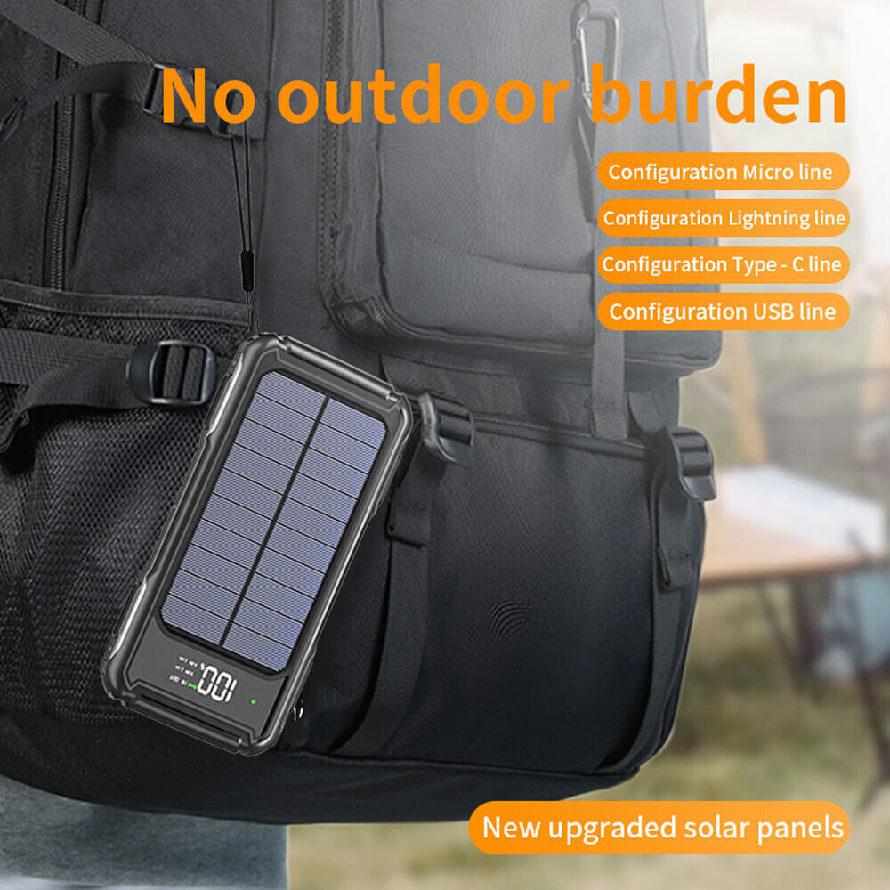 Solar Power Bank 20000mAh – 4 USB Backup External Battery Charger with Built-in Cables – High-Speed Portable Solar Charger for Cell Phones Devices
