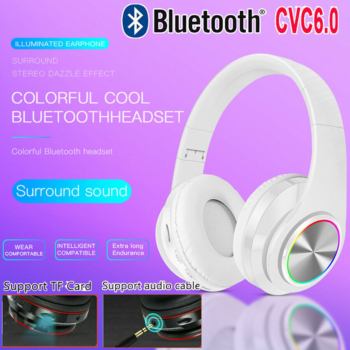 Wireless Bluetooth Headphones – Over-Ear Noise Cancelling Headset with LED Lights