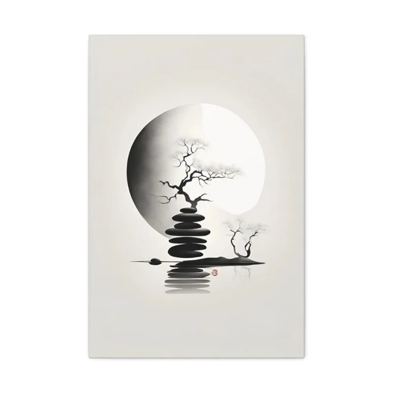 Japanese Zen Rock Cairn Canvas Print | Minimalist Ink-Wash Wall Art