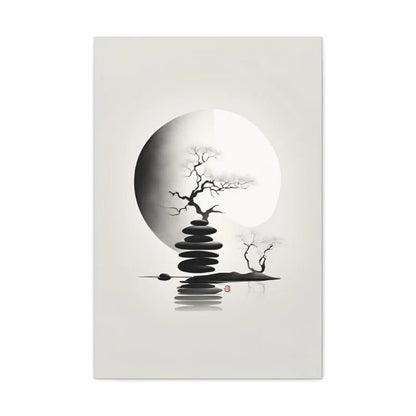 Japanese Zen Rock Cairn Canvas Print | Minimalist Ink-Wash Wall Art