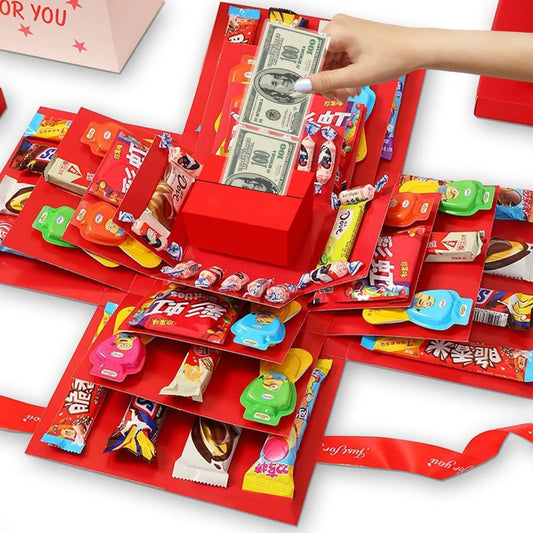5-Story Surprise Explosion Gift Box with Ribbon, Multi-Pocket Snack & Candy Storage, Perfect for Birthdays, Festivals, Holidays