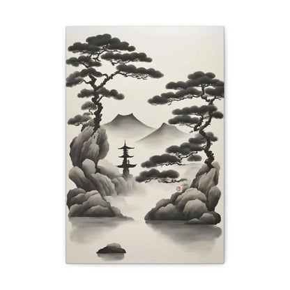 Japanese Zen Rock Cairn Canvas Print | Minimalist Ink-Wash Wall Art