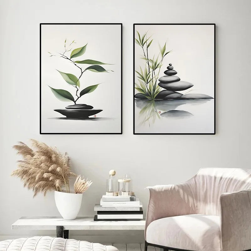 Japanese Zen Rock Cairn Canvas Print | Minimalist Ink-Wash Wall Art