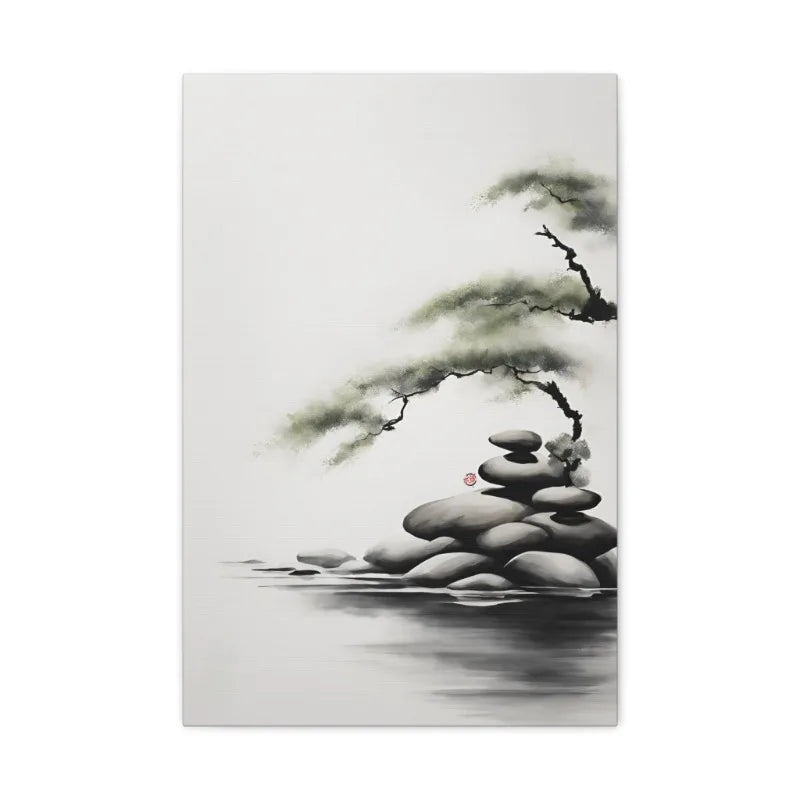 Japanese Zen Rock Cairn Canvas Print | Minimalist Ink-Wash Wall Art