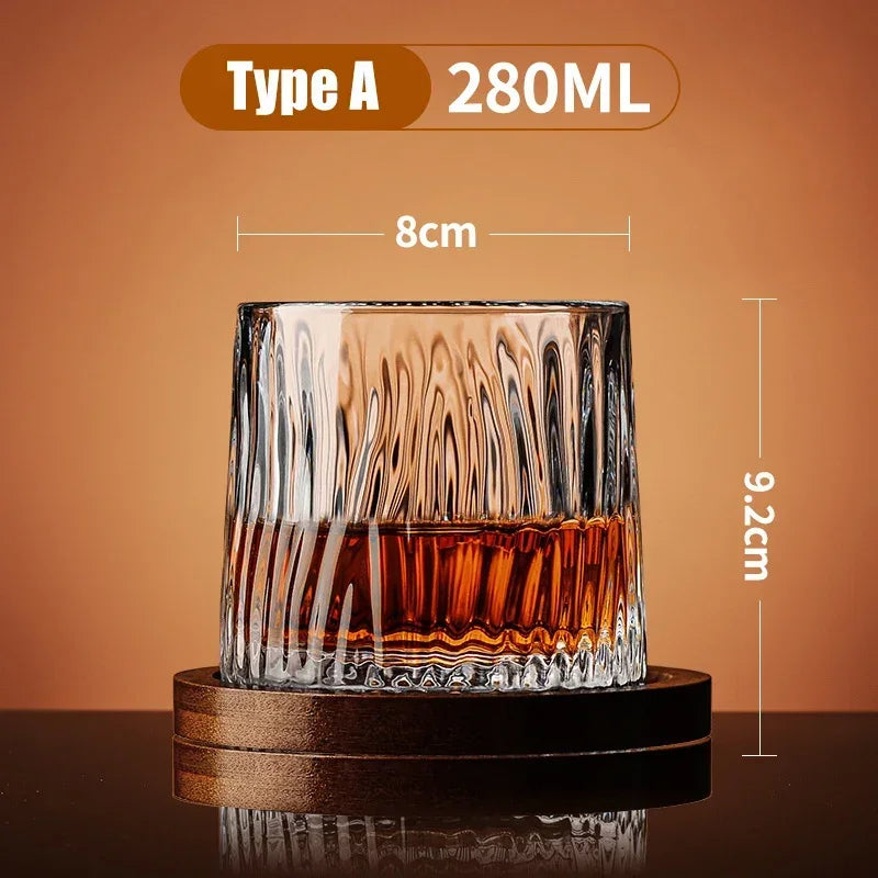 Crystal Whiskey Glass with Wooden Base | Rotating Tumbler for Bourbon & Brandy
