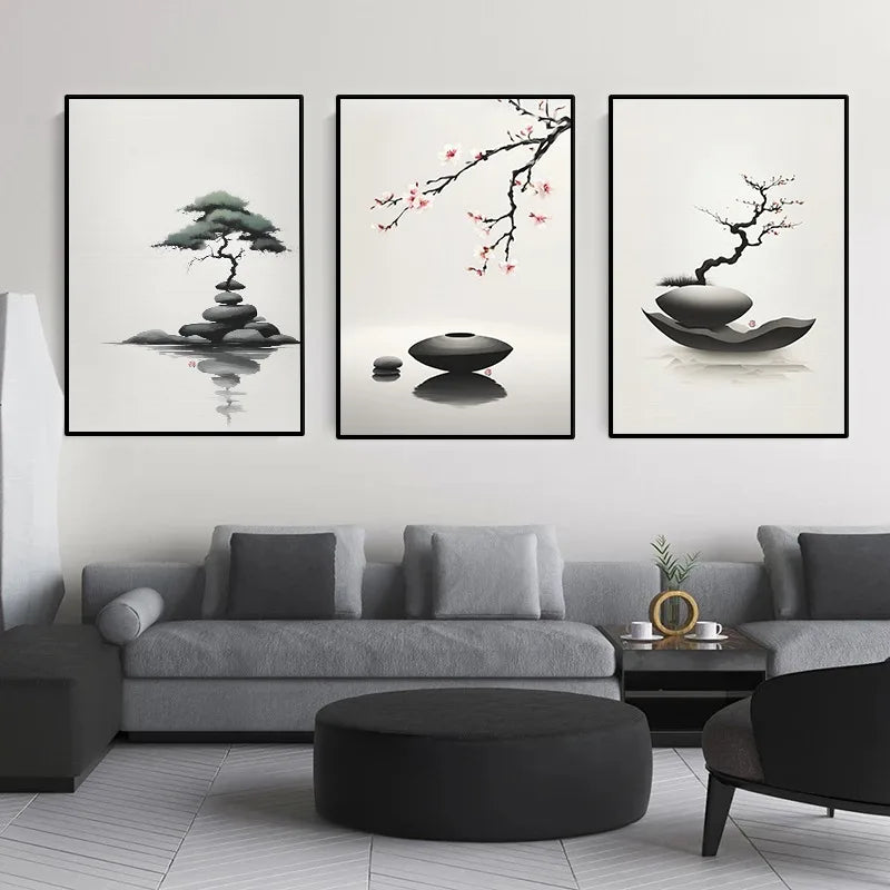 Japanese Zen Rock Cairn Canvas Print | Minimalist Ink-Wash Wall Art