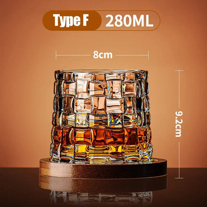 Crystal Whiskey Glass with Wooden Base | Rotating Tumbler for Bourbon & Brandy