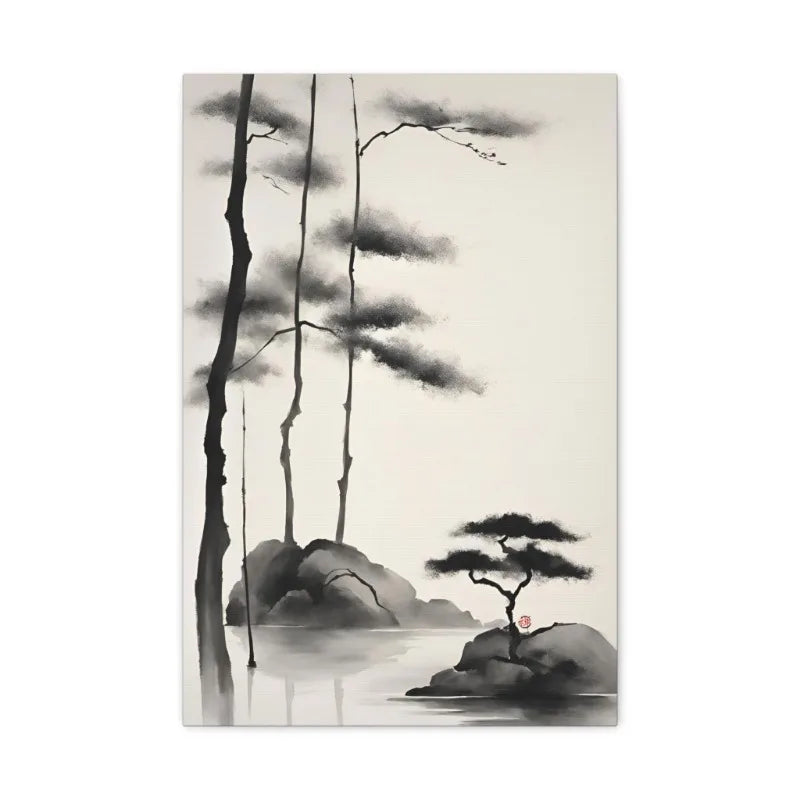 Japanese Zen Rock Cairn Canvas Print | Minimalist Ink-Wash Wall Art