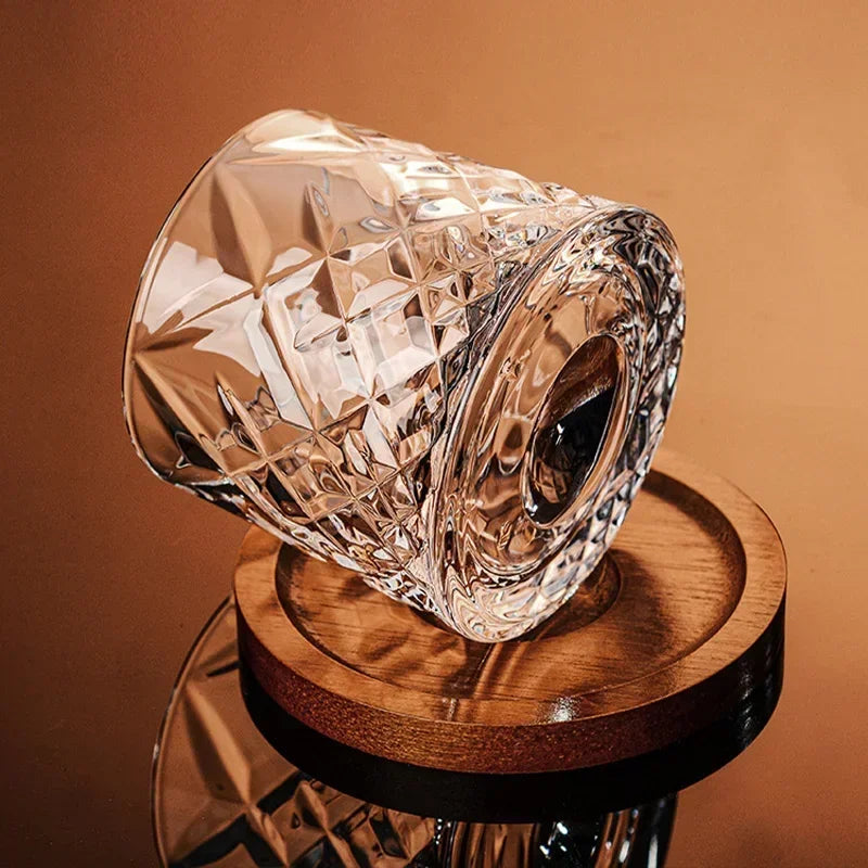Crystal Whiskey Glass with Wooden Base | Rotating Tumbler for Bourbon & Brandy