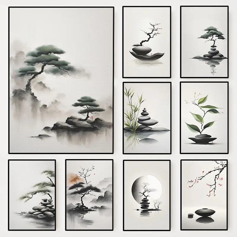 Japanese Zen Rock Cairn Canvas Print | Minimalist Ink-Wash Wall Art