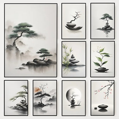Japanese Zen Rock Cairn Canvas Print | Minimalist Ink-Wash Wall Art
