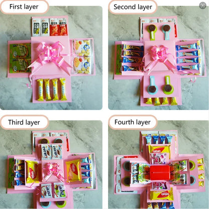 5-Story Surprise Explosion Gift Box with Ribbon, Multi-Pocket Snack & Candy Storage, Perfect for Birthdays, Festivals, Holidays