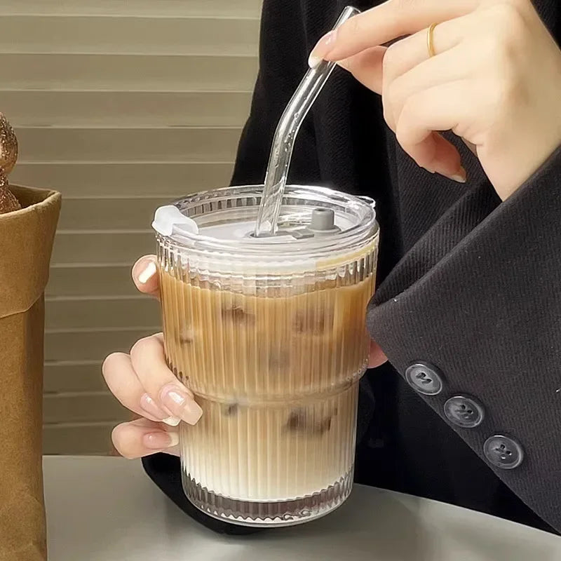 Iced Coffee Glass with Straw | 20 oz Striped Tumbler & Lid