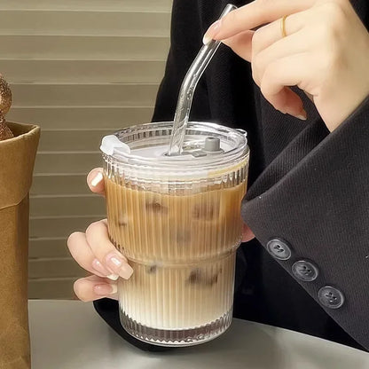 Iced Coffee Glass with Straw | 20 oz Striped Tumbler & Lid