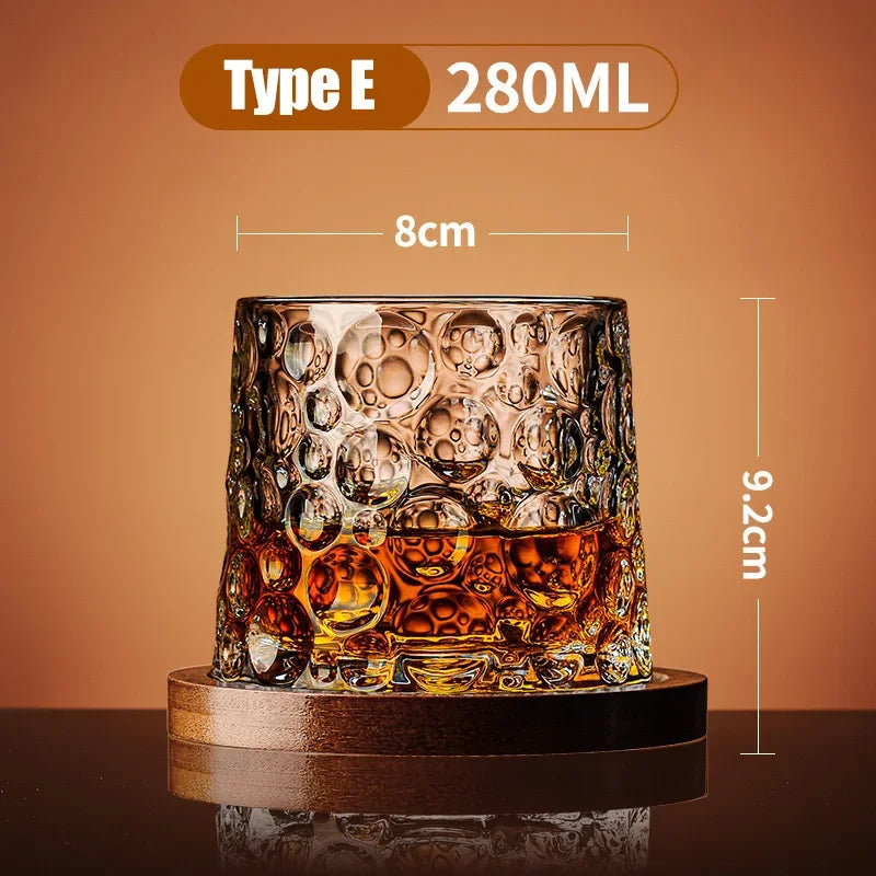 Crystal Whiskey Glass with Wooden Base | Rotating Tumbler for Bourbon & Brandy