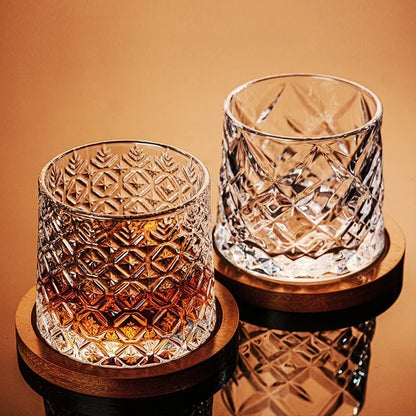 Crystal Whiskey Glass with Wooden Base | Rotating Tumbler for Bourbon & Brandy