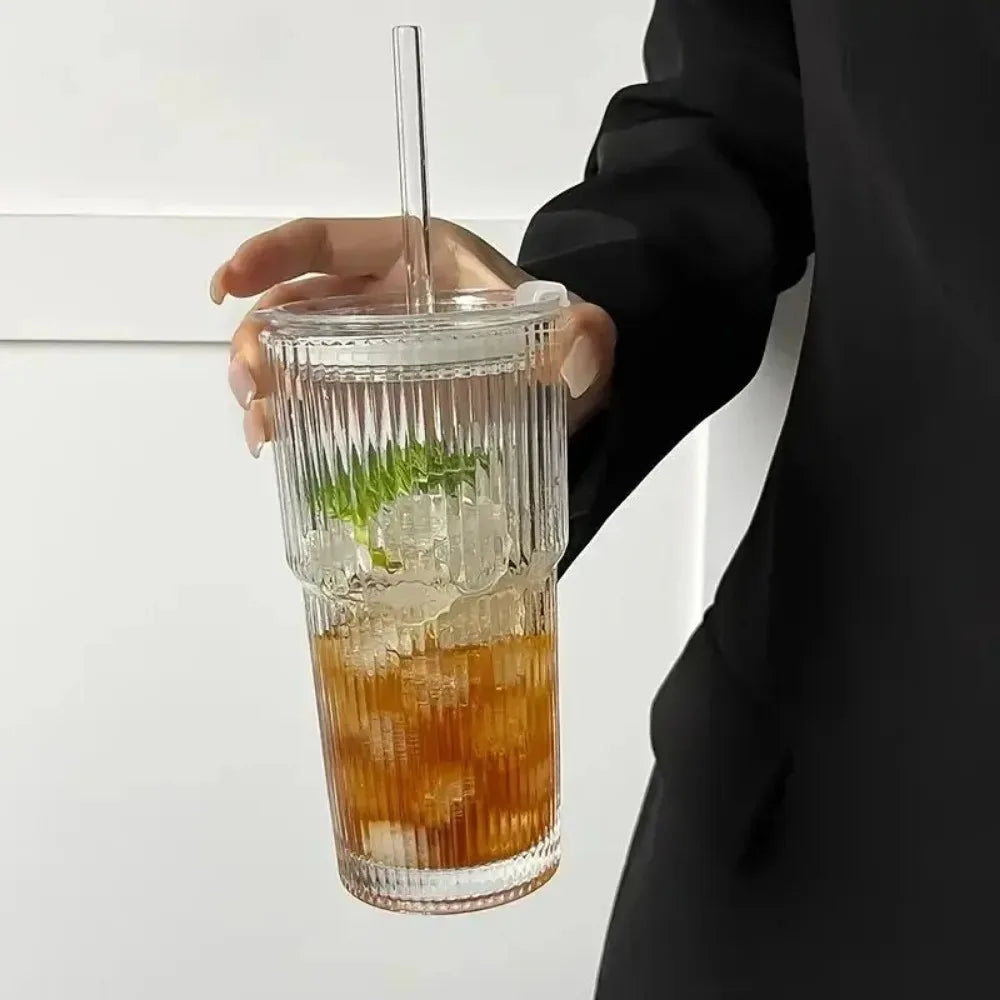 Iced Coffee Glass with Straw | 20 oz Striped Tumbler & Lid