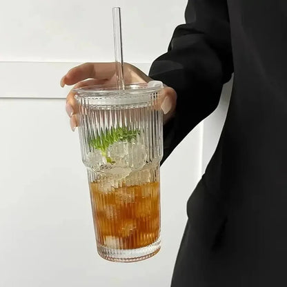 Iced Coffee Glass with Straw | 20 oz Striped Tumbler & Lid