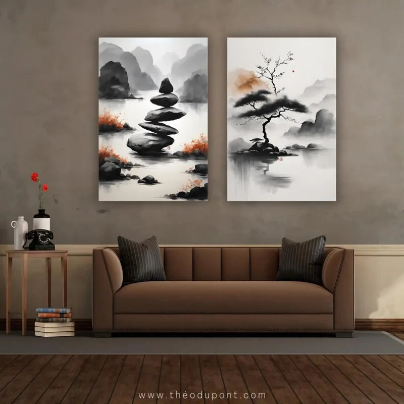 Japanese Zen Rock Cairn Canvas Print | Minimalist Ink-Wash Wall Art