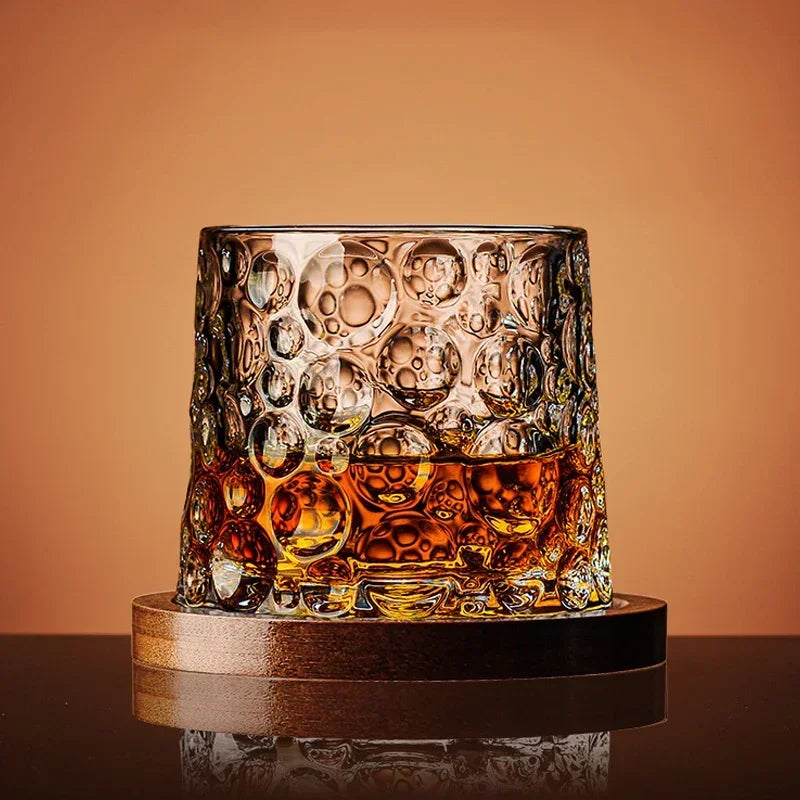 Crystal Whiskey Glass with Wooden Base | Rotating Tumbler for Bourbon & Brandy