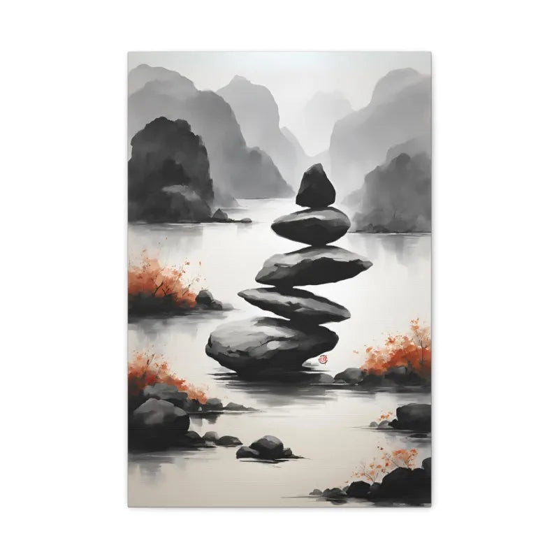 Japanese Zen Rock Cairn Canvas Print | Minimalist Ink-Wash Wall Art