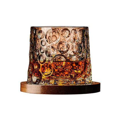 Crystal Whiskey Glass with Wooden Base | Rotating Tumbler for Bourbon & Brandy