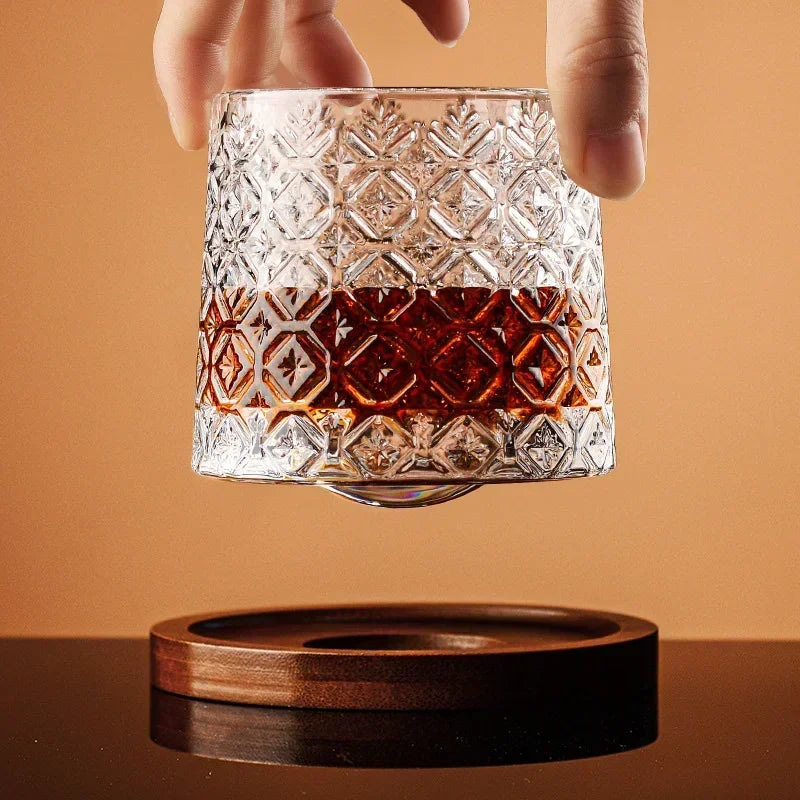 Crystal Whiskey Glass with Wooden Base | Rotating Tumbler for Bourbon & Brandy