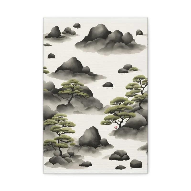 Japanese Zen Rock Cairn Canvas Print | Minimalist Ink-Wash Wall Art