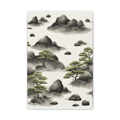 Japanese Zen Rock Cairn Canvas Print | Minimalist Ink-Wash Wall Art