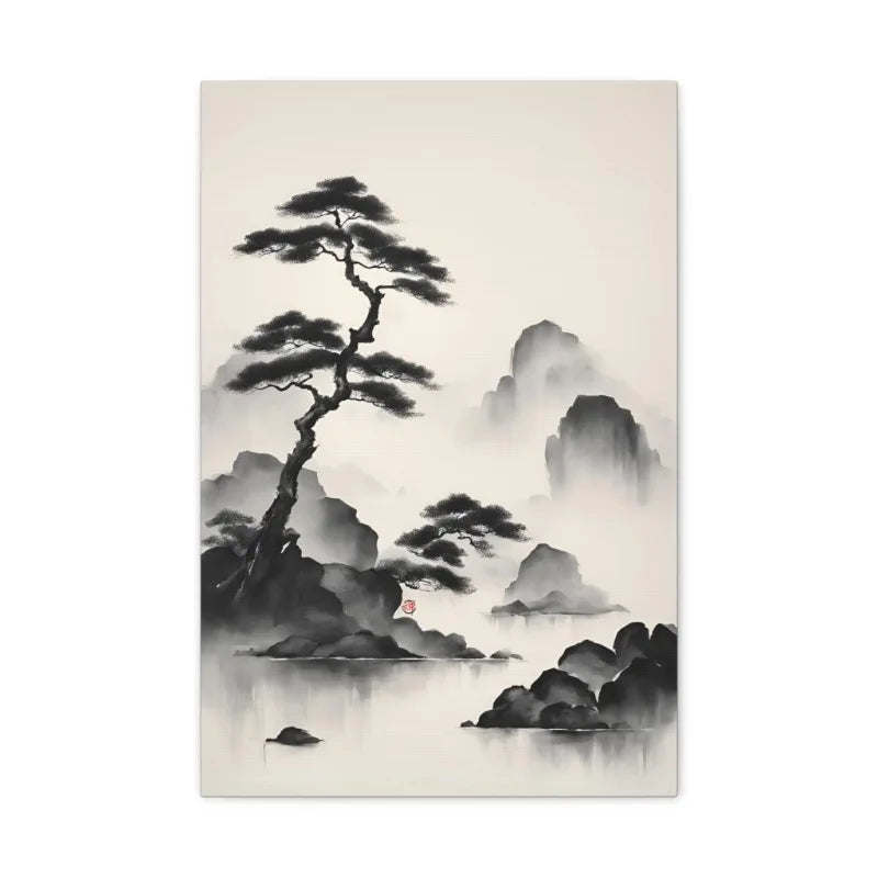 Japanese Zen Rock Cairn Canvas Print | Minimalist Ink-Wash Wall Art