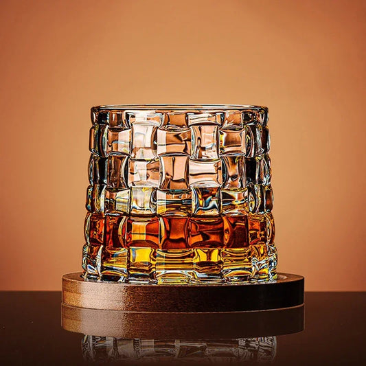 Crystal Whiskey Glass with Wooden Base | Rotating Tumbler for Bourbon & Brandy