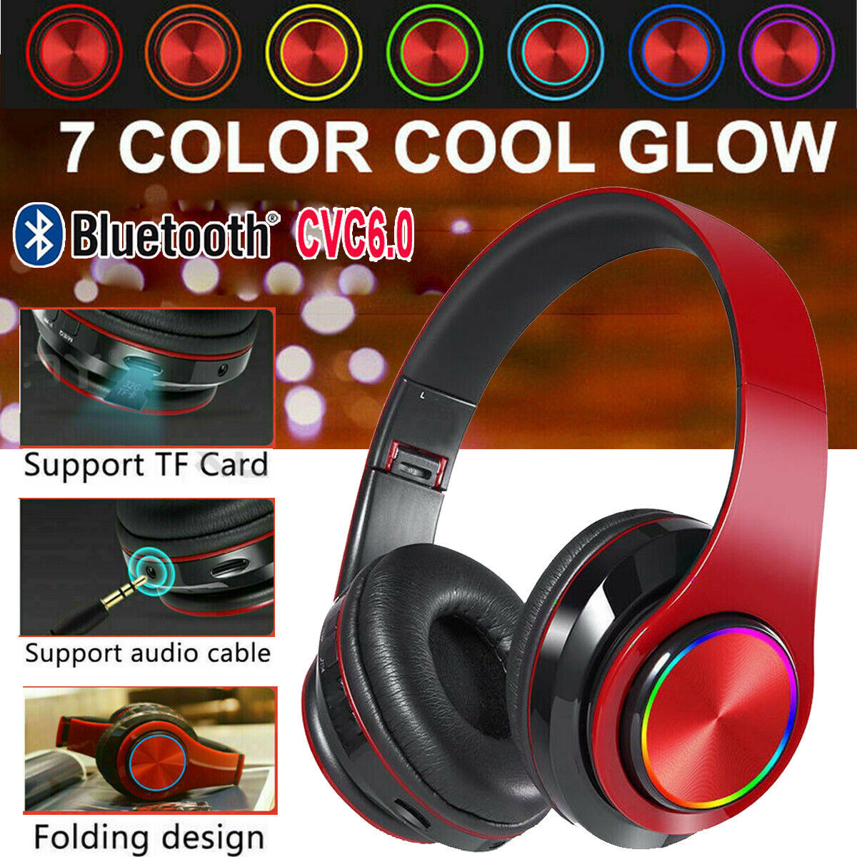 Wireless Bluetooth Headphones – Over-Ear Noise Cancelling Headset with LED Lights
